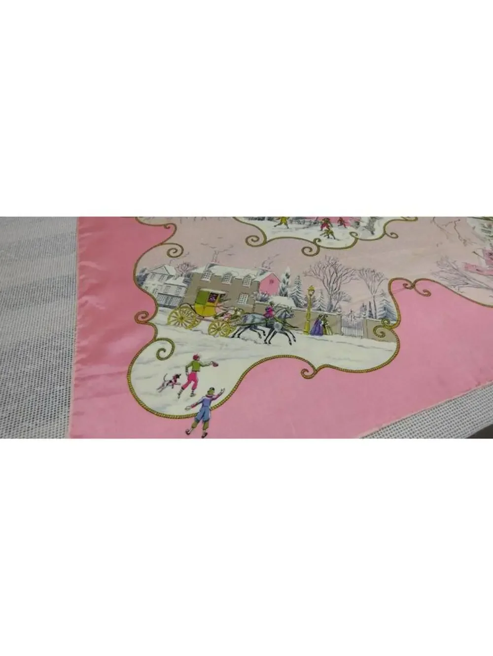 40s 50s Silk Pink Scarf CHRISTMAS WINTER SCENES Victorian Carriage Chartreuse